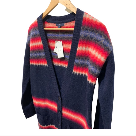 GAP DARK NAVY V-NECK AZTEC BOHO LAMBSWOOL BLEND LS CARDIGAN SWEATER - Picture 5 of 16
